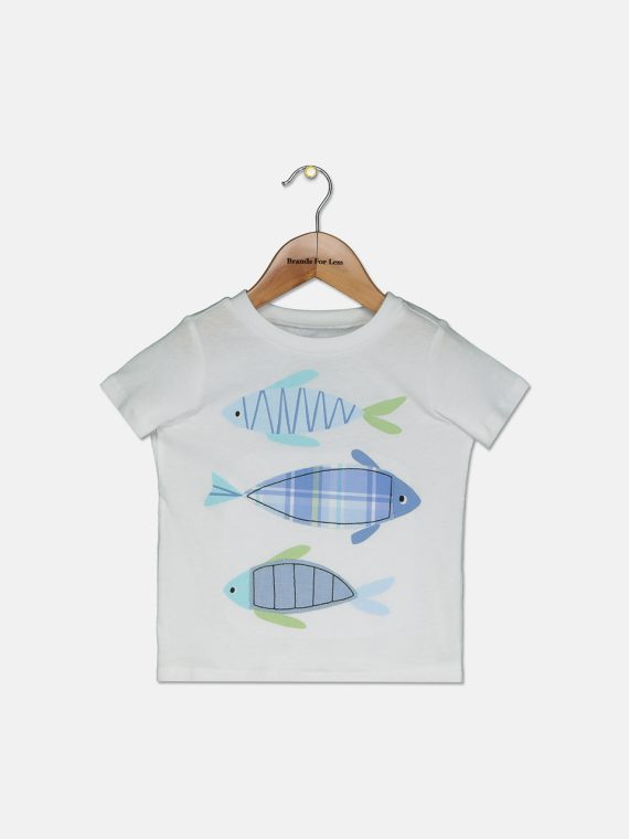 Baby Boys Plaid Fishies Cotton T-Shirt Bright White