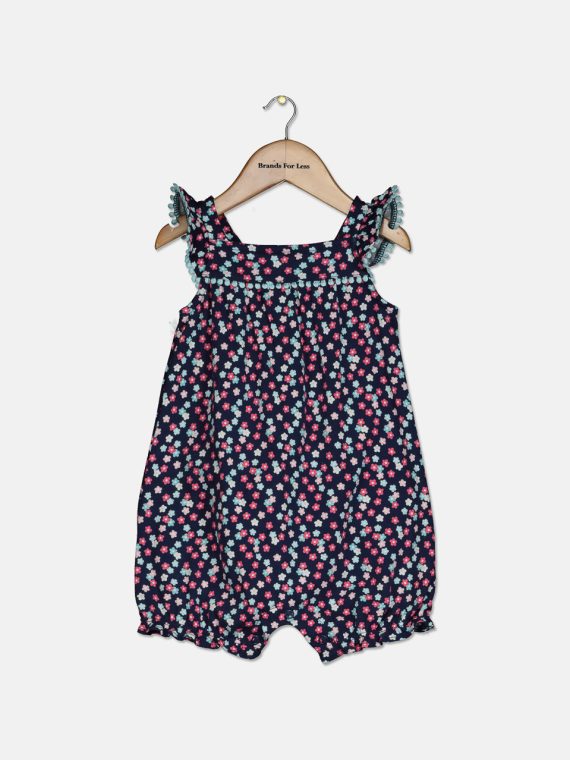 Baby Girls Floral-Print Cotton Bubble Romper Navy Combo