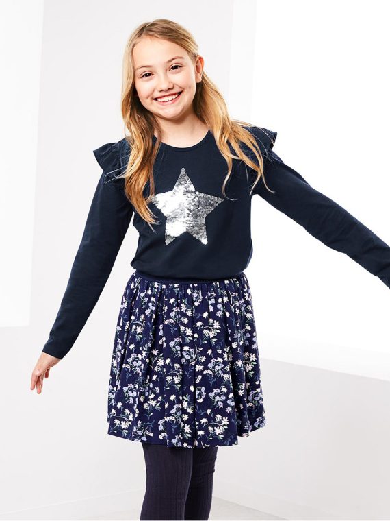 Girls Long-Sleeved Top with Reversible Sequins Navy