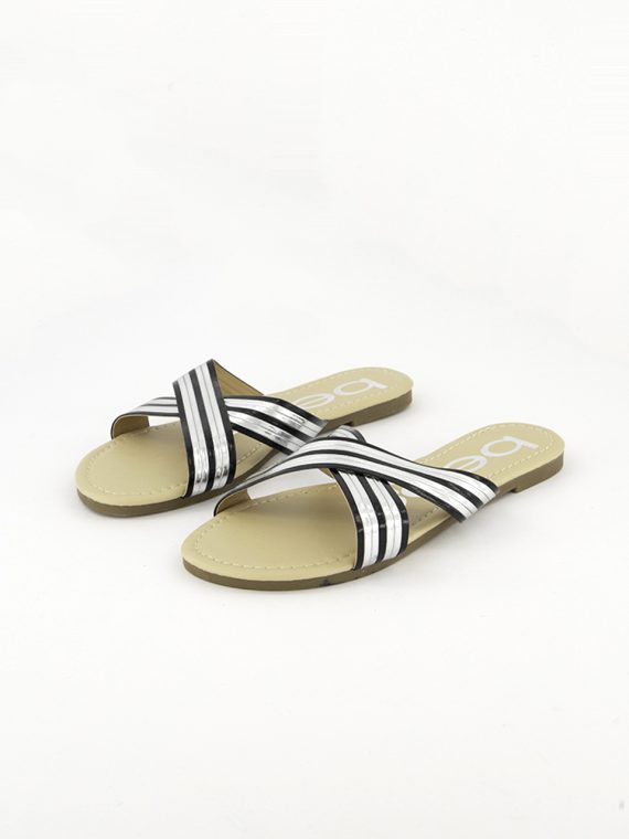 Girls Side Sandals with Metallic Strips Black/Silver