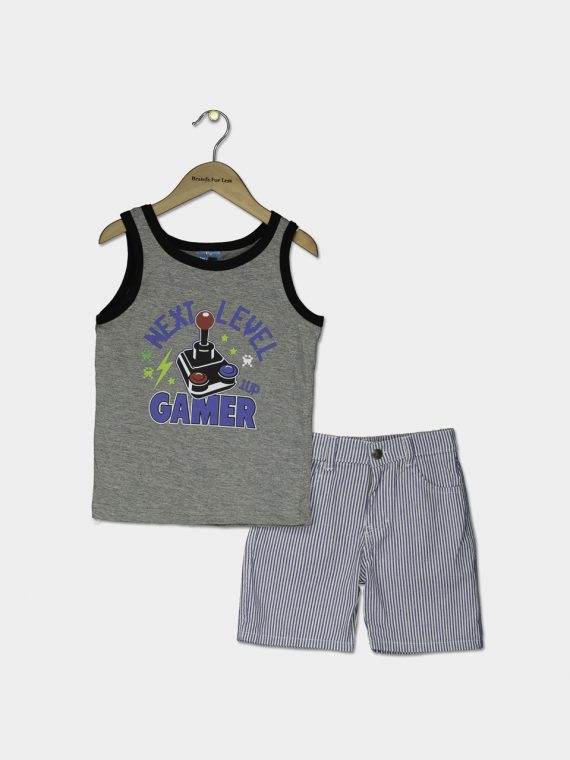 Little Boys Graphic Tank & Woven Short Set Gray Heather/White Stripe