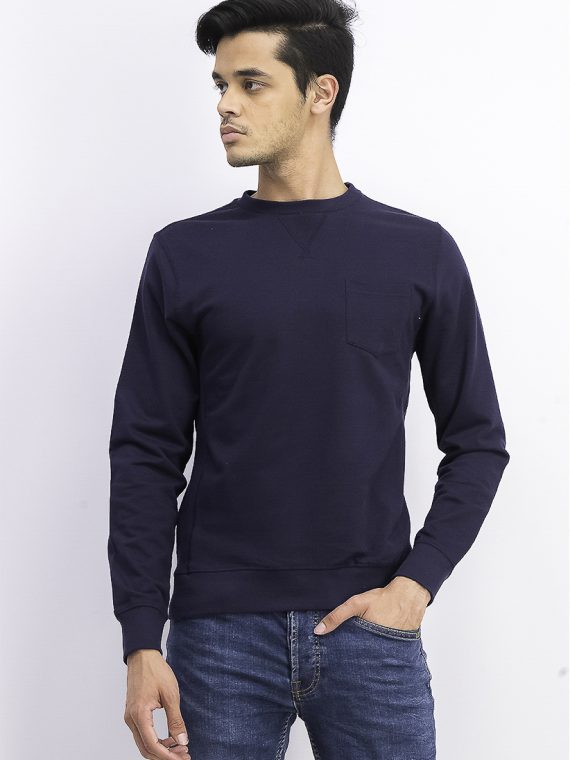 Mens Chest Pocket Pullover Long Sleeve Sweater Navy