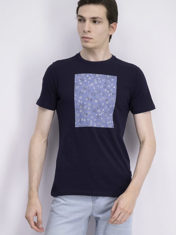 Mens Letters Number Print T-Shirt Navy Blue