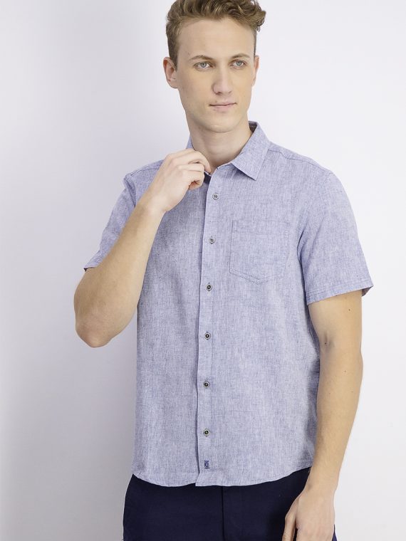 Mens Linen Woven Short Sleeves Button-Down Shirt Washed Blue