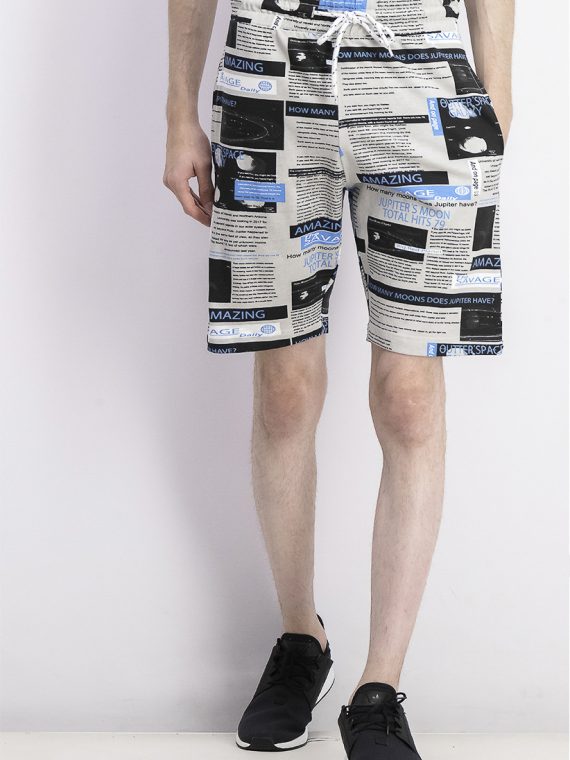Mens Printed Drawstring Shorts Grey/Black/Turquoise