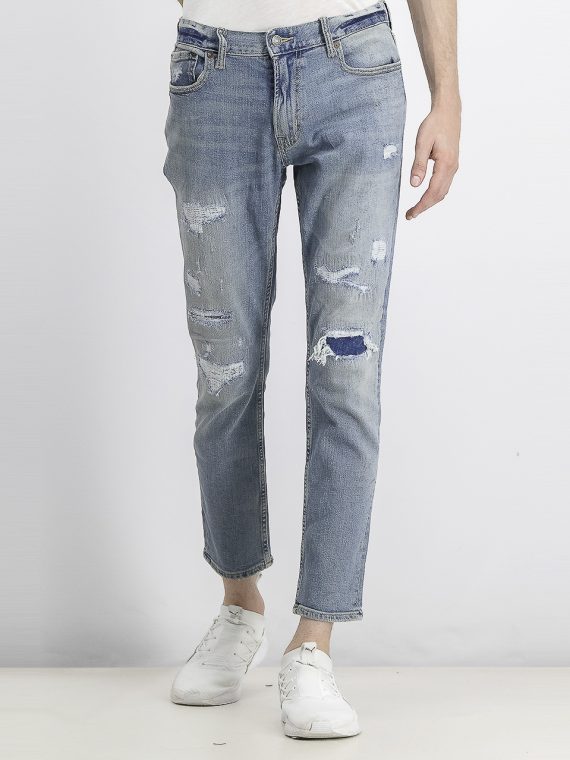 Mens Skinny Built-In Flex Distressed Jeans Blue Washed