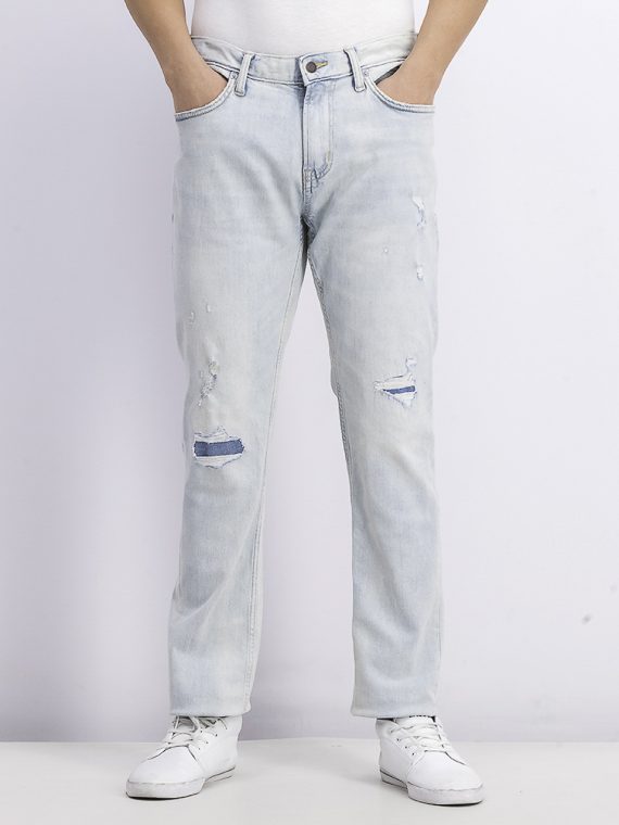 Mens Slim Built-In Flex Distressed Jeans Washed Blue