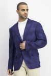 Mens Slim-Fit Plaid Linen Suit Jacket Blue