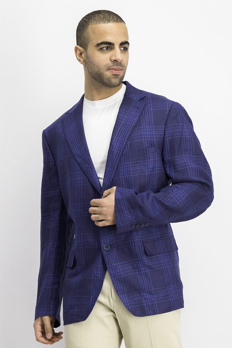 Mens Slim-Fit Plaid Linen Suit Jacket Blue
