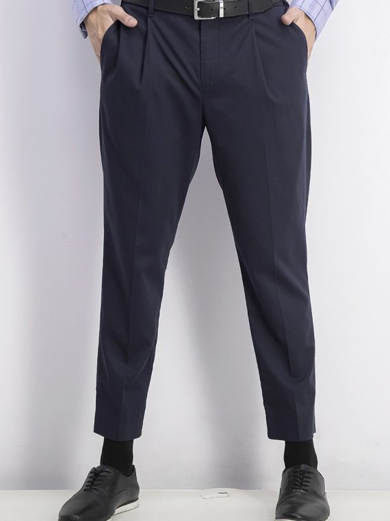 Mens Straight Fit Cropped Pleated Pants Navy