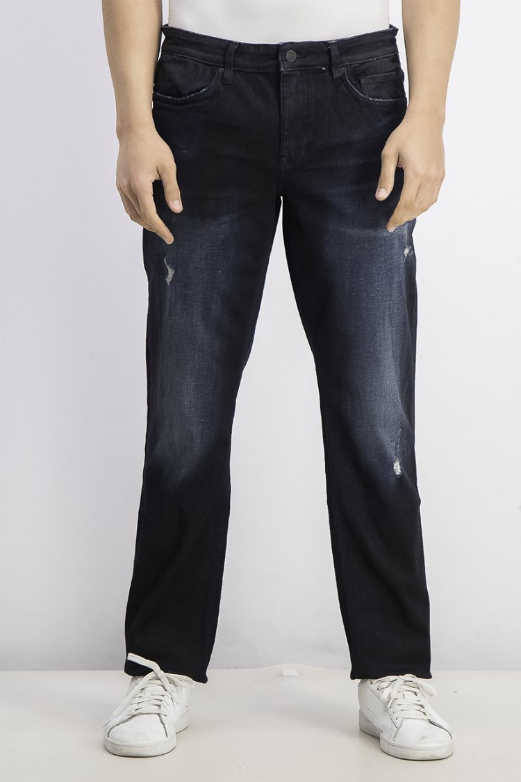 Mens Straight Fit Distressed Jeans Washed Indigo
