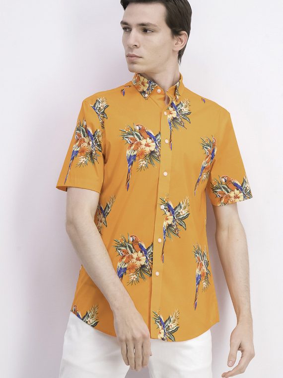 Mens Tropical Parrot Print Short Sleeve Shirt Orange Combo