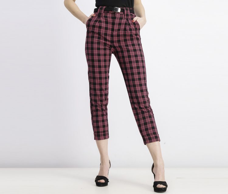Womens Belted Plaid Trouser Black/Pink