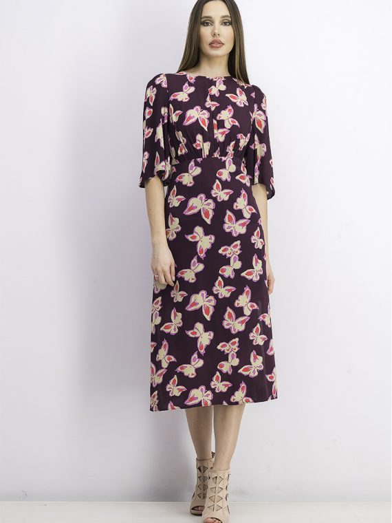 Womens Butterfly Print Midi Dress Purple Combo