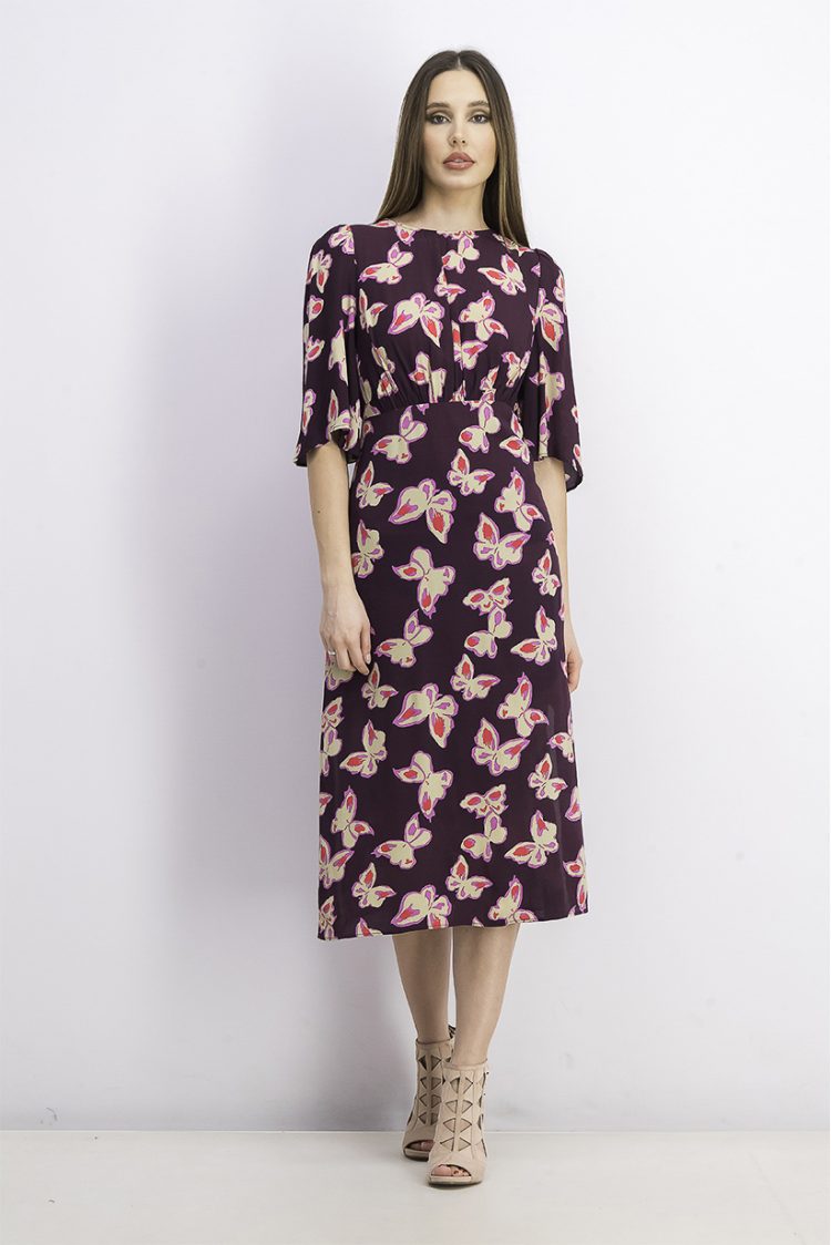 Womens Butterfly Print Midi Dress Purple Combo