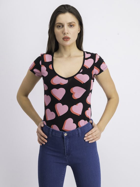 Womens Heart Print V-neck Bodysuit Black/Pink