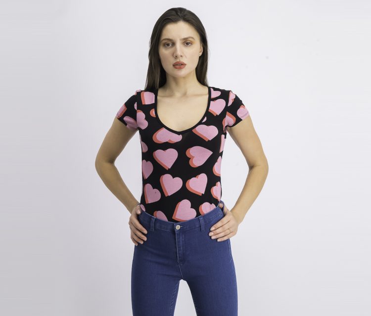 Womens Heart Print V-neck Bodysuit Black/Pink