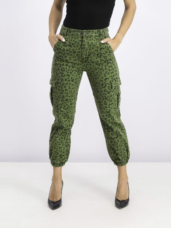 Womens High Waist Cargo Pants Green Leopard