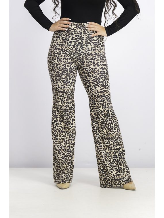 Womens Leopard Print Flared Trousers Black Combo