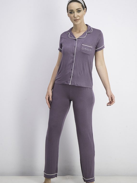 Womens Notched Collar Top & Pants Sleepwear Set Lavender