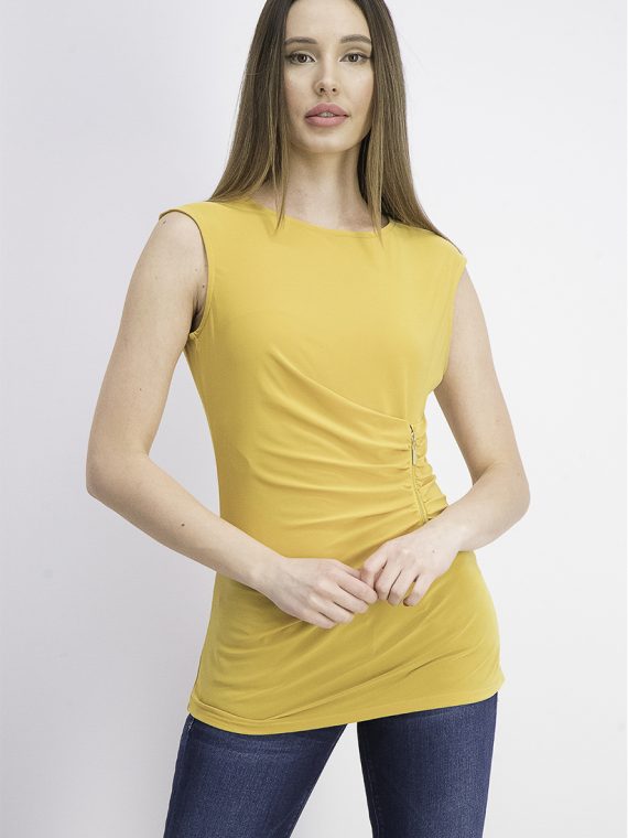Womens Sleeveless Pleated Side With Gold Zipper Top Dark Yellow