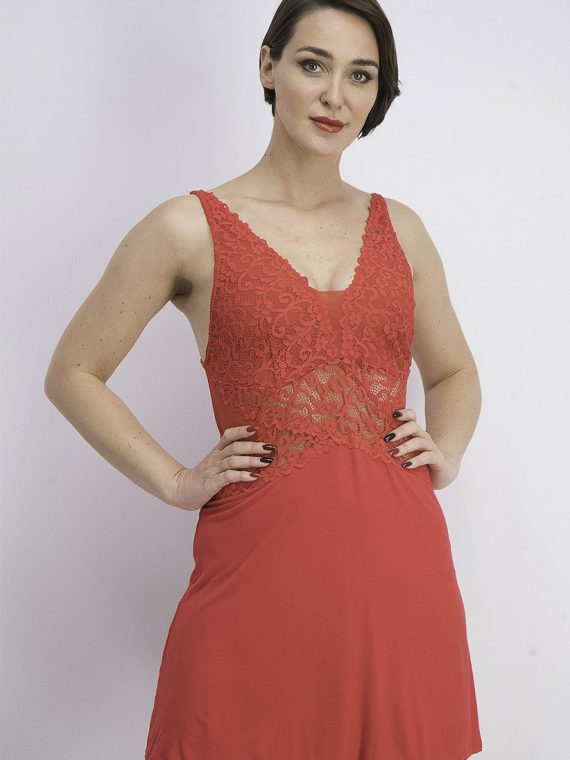 Womens Ultra Soft Lace Detail Knit Chemise Nightgown Red